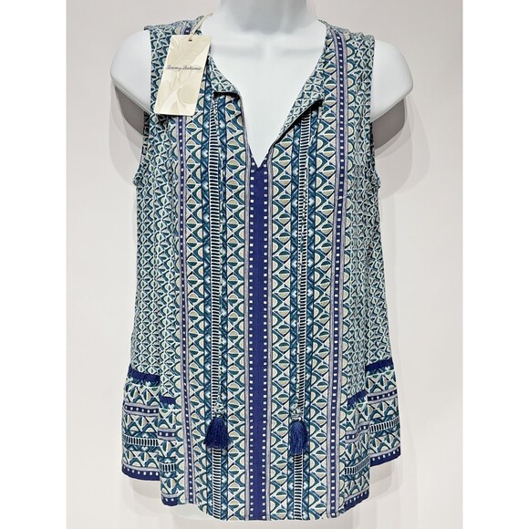 NWT Tommy Bahama Oversize Rayon Blue Green Geometric Tassel Blouse Women Size XS - Picture 1 of 13